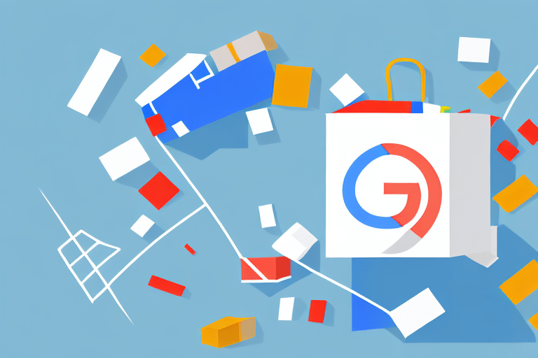 A stylized illustration features a shopping bag against a playful city map backdrop. Elements include abstract buildings and roads, with the bag displaying a colorful logo composed of geometric shapes on a light blue backdrop, subtly adorned with fast shipping labels for added charm.