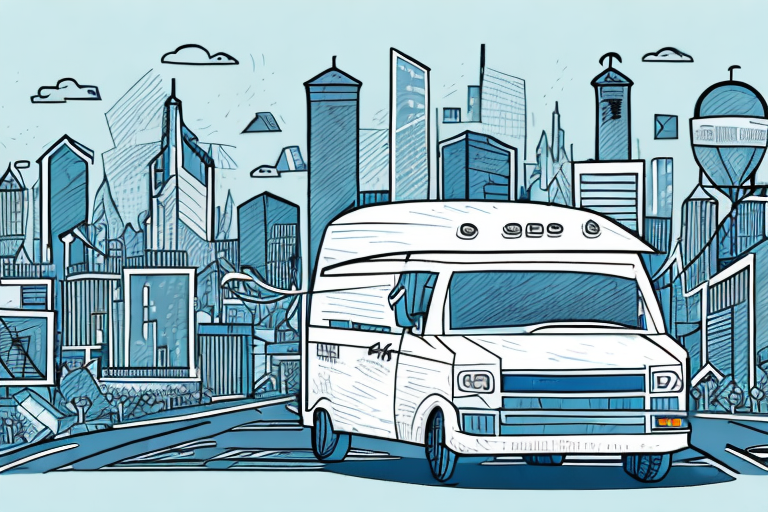 A sketch of a white van navigating through a bustling cityscape filled with modern skyscrapers and abstract buildings under a clear sky. The scene, illustrated in blue and white hues, captures the essence of post and courier delivery solutions in a comic book style.