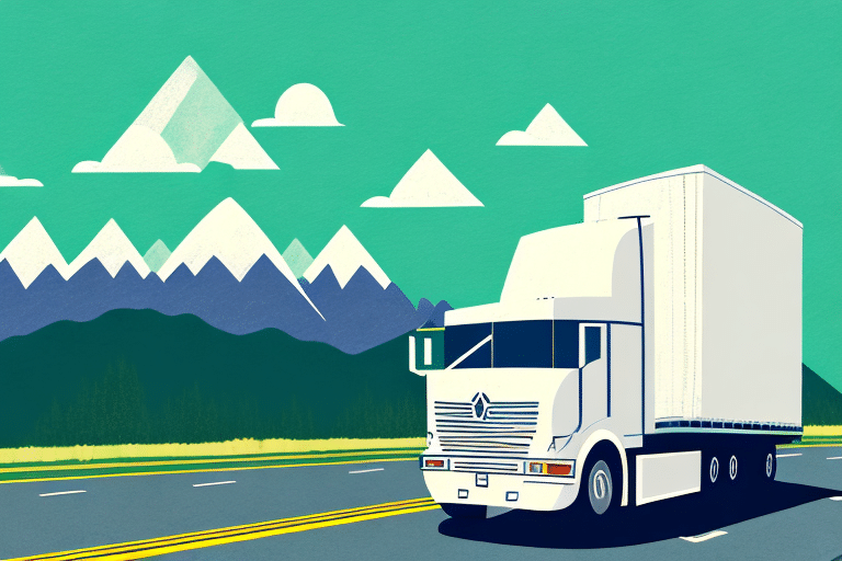Illustration of a white truck driving on a highway, set against a mountainous landscape under a green sky with scattered clouds, embodying the journey of freight audit teams as they vet shipments to ensure efficiency.