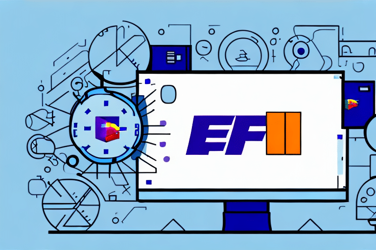 Illustration of a computer monitor displaying the letters EFI with two orange bars. The background features abstract designs and symbols in blue, akin to Update System Software visuals, with geometric shapes resembling parrots within circular frames.