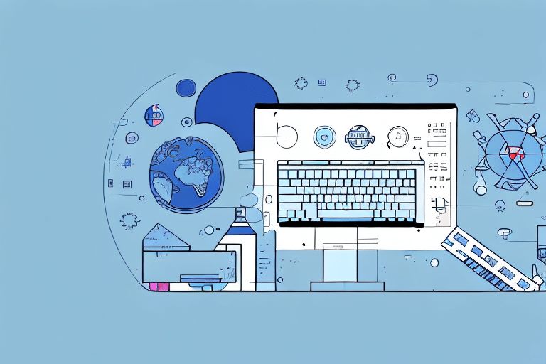 Illustration of a new computer monitor with a keyboard, surrounded by various tech-themed icons like a globe, gears, and a magnifying glass, all set against a blue background. It’s the perfect visual for a step-by-step guide to navigating your digital world.