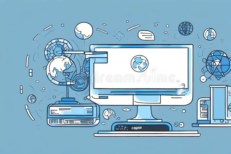 An illustration of a computer linked to a globe, surrounded by digital networks, symbols, and numeric data on a light blue background. It evokes themes of global connectivity and technology, much like setting up your UPS WorldShip account for seamless international shipping operations.