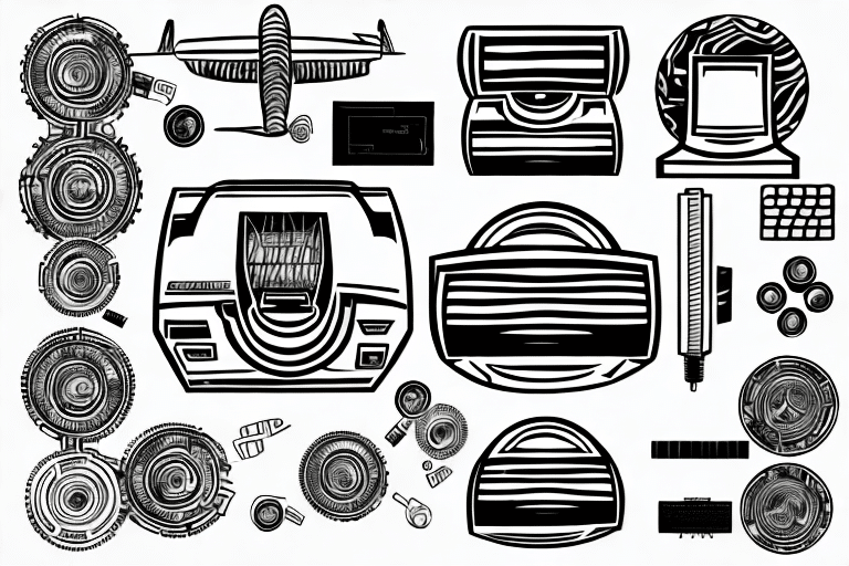 A black and white illustration features various abstract and geometric shapes resembling industrial and mechanical components, including cogs, an airplane, and machine-like objects. The intricate design mirrors the precision of a Zebra ZT 410 labeler, with its symmetrical and bold style.