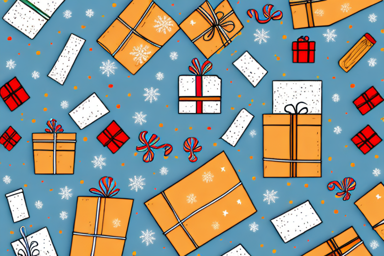 This festive wrapping paper pattern showcases orange and white gift boxes with red bows, candy canes, snowflakes, and stars scattered on a blue background, adding a cheerful touch to your holiday packages as they await shipment through UPS.