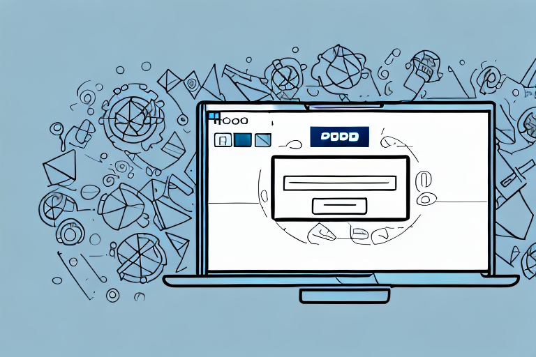 Illustration of a laptop on a blue background with various geometric shapes and icons floating around. The laptop screen shows a Pod Purchase Order page with fields to submit usernames and passwords for seamless access.