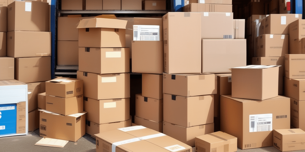 A large stack of cardboard boxes of various sizes piled up in front of a partially open truck container. Some boxes, marked for same-day delivery, have shipping labels indicating they are ready for transport or delivery. The scene suggests a busy e-commerce operations hub.