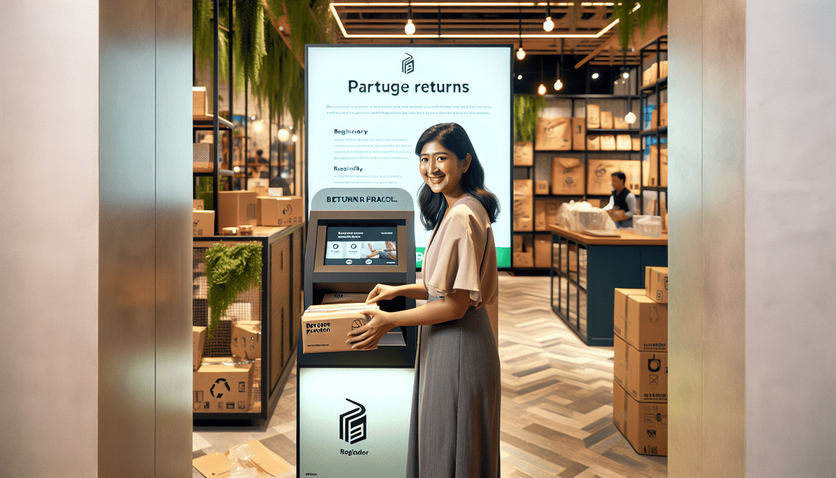 A woman at a package return kiosk engages with the Package Returns Program displayed on the screen. The modern space, adorned with pendant lights and wooden decor, features shelves brimming with packages ready for processing.