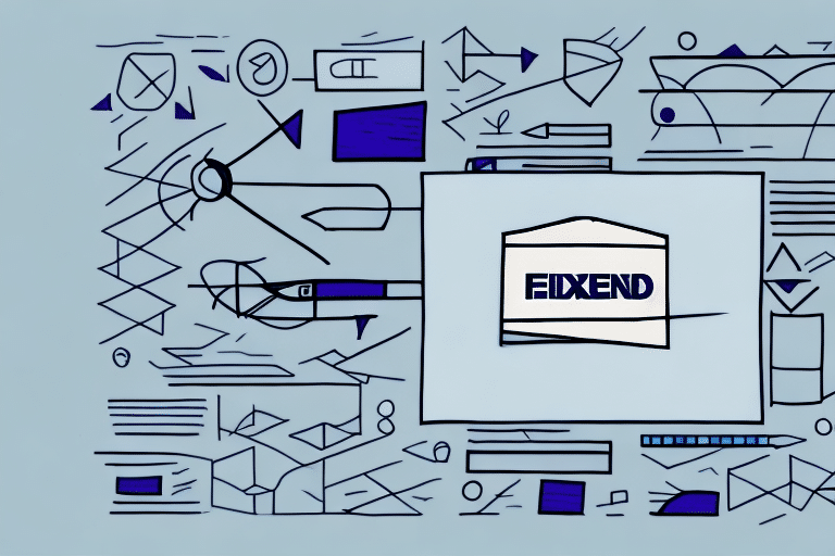 A digital security-themed illustration showcasing an envelope labeled FIJXEND, akin to a FedEx Ship Manager label, surrounded by abstract shapes and lines in blue, black, and white tones, forming a complex network or circuit diagram.