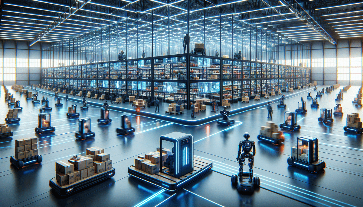 A futuristic warehouse with numerous Amazon Robotics sorting and moving boxes. High-tech shelves are filled with goods, and the space is illuminated by bright lights, showcasing an advanced automated storage system.