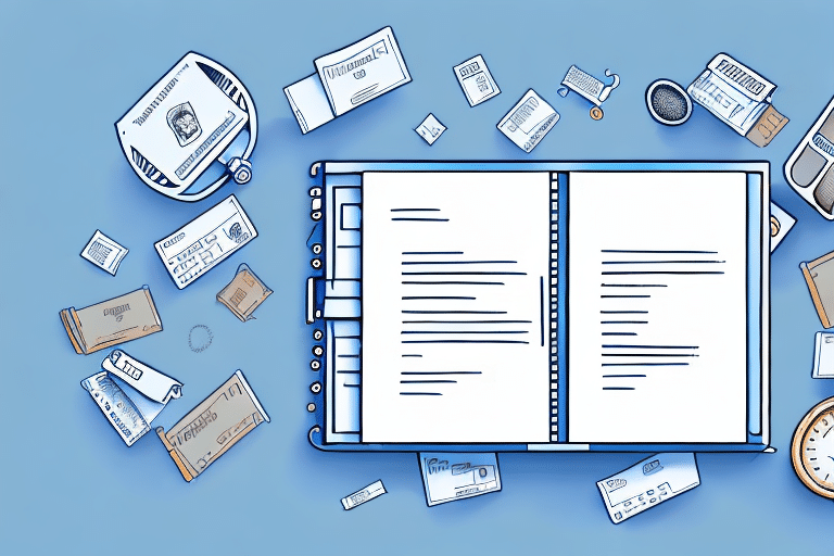 An open notebook with handwritten notes is surrounded by scattered items, including envelopes, receipts, and ID cards against a blue background. Nestled among the chaos is an address book, hinting at a busy workspace or personal organization.