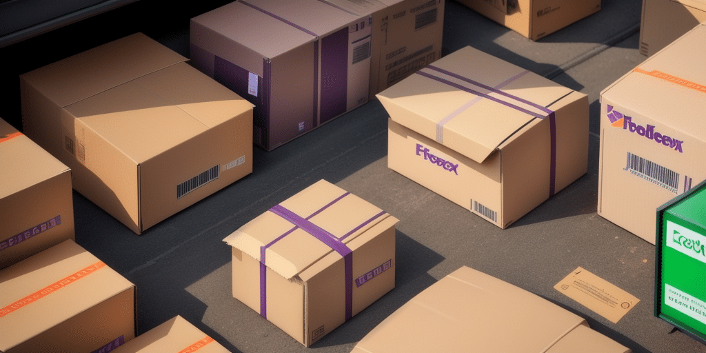 A collection of cardboard boxes, adorned with purple tape, sits on the ground, some sporting barcodes and labels that resemble delivery markings. You might even connect these to a FedEx Ship Manager system if you’re troubleshooting logistics.