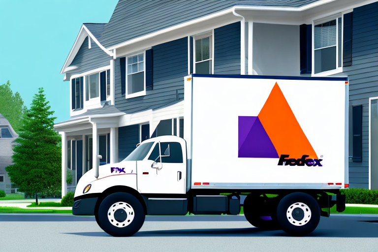 A FedEx delivery truck, ready for residential delivery, is parked on a quiet street in front of gray houses with white trim. The iconic FedEx logo shines in purple and orange against the backdrop of a clear blue sky and lush green trees.