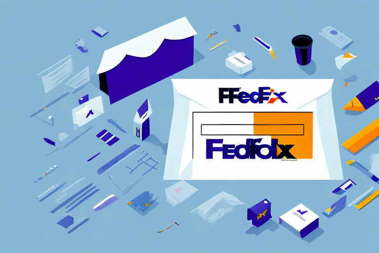 Illustration of a FedEx envelope surrounded by various office supplies, including pens, pencils, paper, and a coffee cup, all set against a light blue background. The scene subtly hints at the seamless process of integrating the FedEx Ship Manager for a change of sender address.