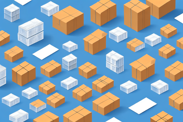 A scale of various sizes of cardboard boxes and stacks of white paper on a blue background creates a repeating geometric arrangement that highlights the importance of seamless design.