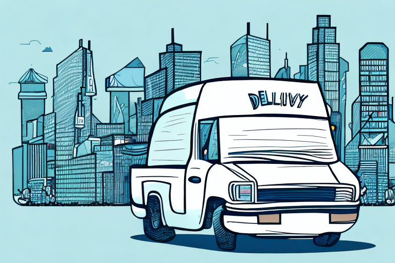 Illustration of an independent couriers white delivery van labeled Delivery parked in front of a city skyline. The stylized buildings in blue tones add to the scenes cartoon-like quality, hinting at the daily hustle behind the average salary in urban logistics.