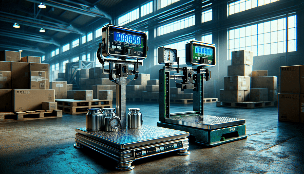 Inside the warehouse, a story of comparison unfolds with two industrial weighing scales side by side. The digital Brecknell PS150 flaunts metal weights, while the analog Mettler Toledo BC-60 waits with an empty platform. Cardboard boxes form a stout backdrop to this tale of precision and utility.