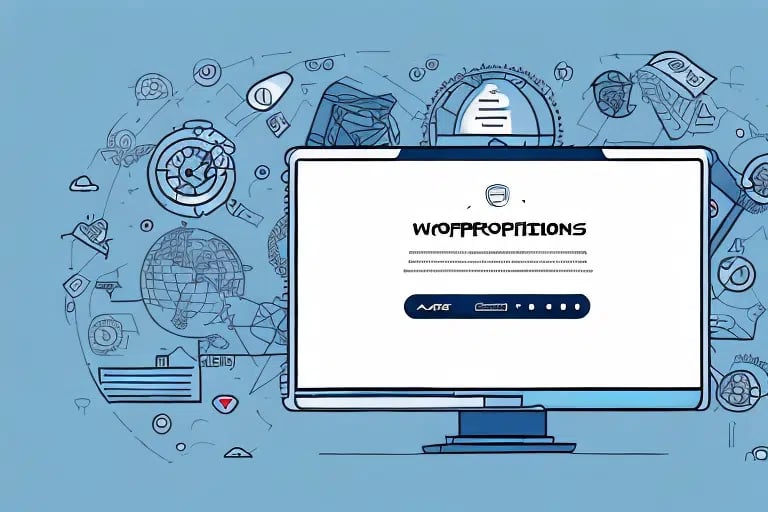 A computer monitor displays a login screen with a password field. The background, adorned with hand-drawn doodles like gears, a globe, and documents, evokes themes of technology and connectivity. The blue backdrop subtly hints at the efficiency of UPS Worldship Notifications in keeping shippers informed.