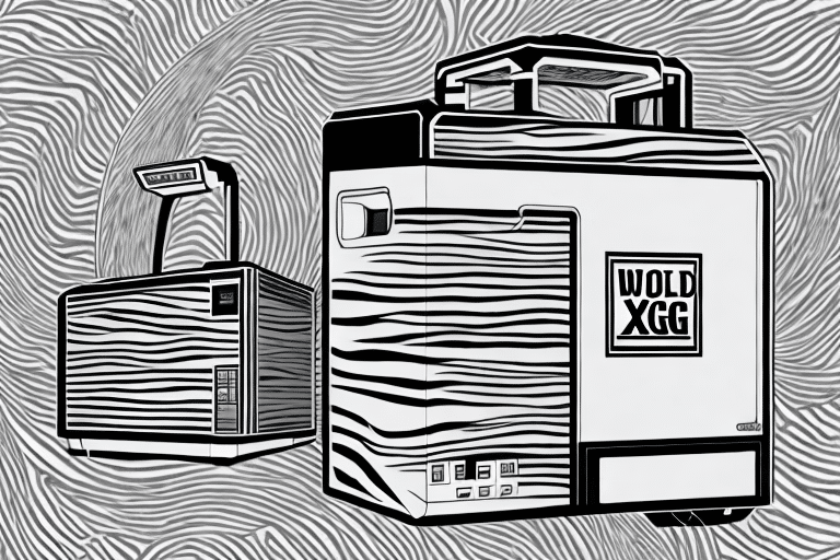 Black and white illustration of two retro-style computers with wavy, zebra-like patterns. One computer is larger, marked WOLD XGG, and evokes compatibility with a Zebra GX420d. Both are set against a swirling, striped backdrop reminiscent of UPS Worldships robust network.