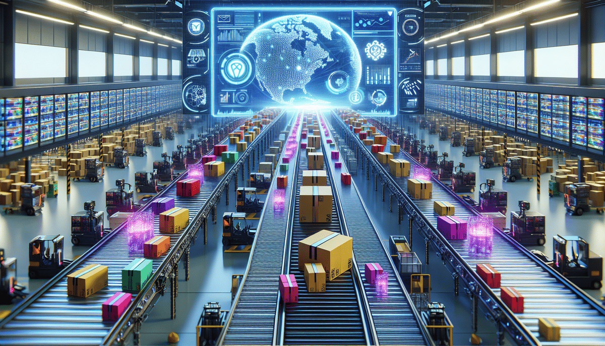 A futuristic warehouse pulsates with logistics precision, as numerous conveyor belts carry packages. A large digital screen at the front displays a glowing globe with various data icons. Rows of shelves line the walls in this 3PL hub, where the environment is brightly lit for seamless fulfillment.