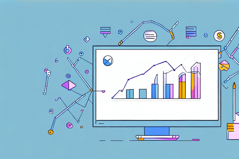 A computer monitor displaying colorful bar and line graphs is surrounded by digital icons and symbols on a blue background. The scene suggests data analysis, focusing on customer retention analysis, as part of a comprehensive business analytics guide.