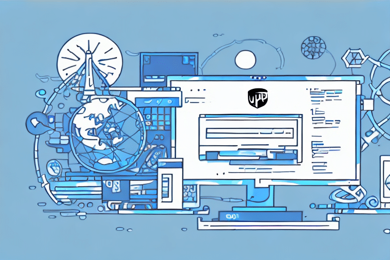 A digital illustration features a computer monitor displaying a creative design with planets, gears, and interconnected elements on a blue background, symbolizing technology and innovation akin to the seamless integration of UPS Worldship for efficient import map creation.