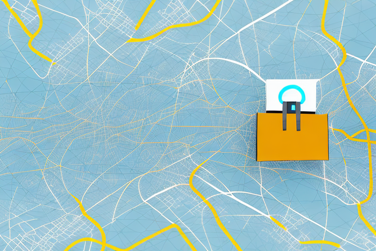 A 3D suitcase icon with a magnifying glass symbol rests on top of an abstract blue and yellow city map illustration, suggesting a concept of tracking missing packages and navigating an urban area.