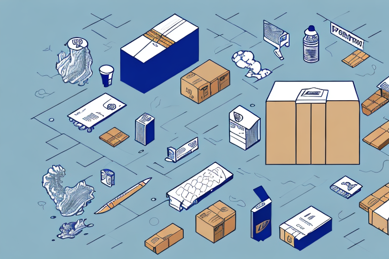 Illustration of various postal and shipping items scattered on a blue surface, featuring boxes, letters, an open envelope, a water bottle, a pen, tape, and crumpled paper. Some items have visible postage stamps and labels indicating theyre package insured for safe shipping.