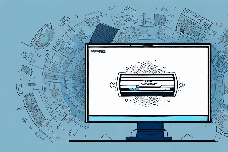 On the computer monitor, abstract digital art with swirling lines complements a background of various digital and mechanical icons, symbolizing connectivity and tech innovation. It resembles the intricate interface of UPS Worldship, where you navigate through options like How to Reprint Labels.