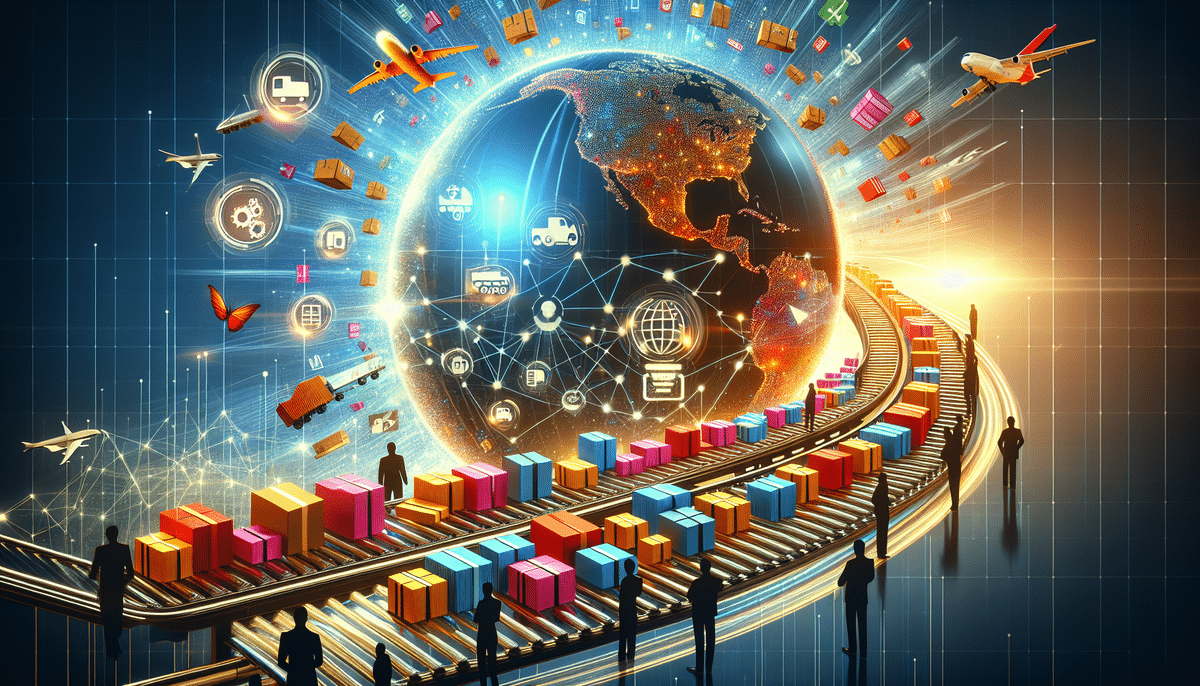 A digital illustration depicting global logistics highlights the business benefits of worldwide connectivity. A globe surrounded by digital icons and supply chain graphics is encircled by a conveyor belt with colorful packages, while silhouettes of people and transport vehicles illustrate seamless shipping.