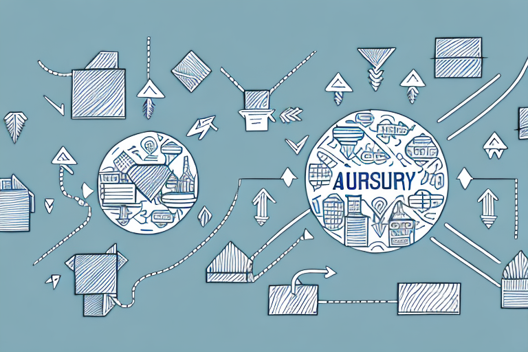 Abstract illustration with a blue background featuring two circles filled with various technology icons and the word AURSURY. Lines and arrows, reminiscent of supply chain management diagrams, connect different geometric shapes throughout the design.