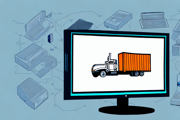 A computer monitor displays an orange trailer truck, symbolizing digital logistics integrated with SAP Business One. The background features faint outlines of tech devices, suggesting interconnectedness in technology. The overall theme hints at optimized networked transportation solutions akin to FedEx.