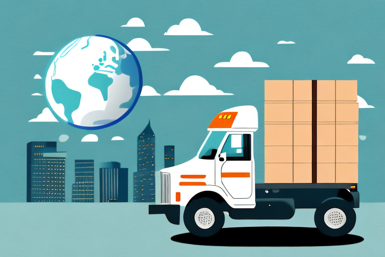 A delivery truck carrying large boxes drives in front of a city skyline under a blue sky with clouds. Above the scene hovers a globe, symbolizing UPS Express Freight, ensuring freight is delivered worldwide.