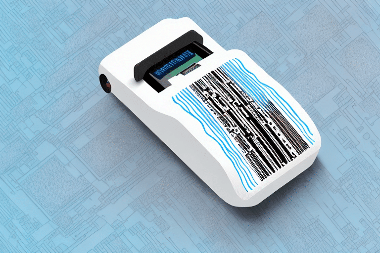 A futuristic USB Laser Barcode Scanner with a sleek white and blue design, resting on a digital blueprint background. Tailored for e-commerce shippers, the scanner displays a small screen at the top and an oversized barcode on its surface.