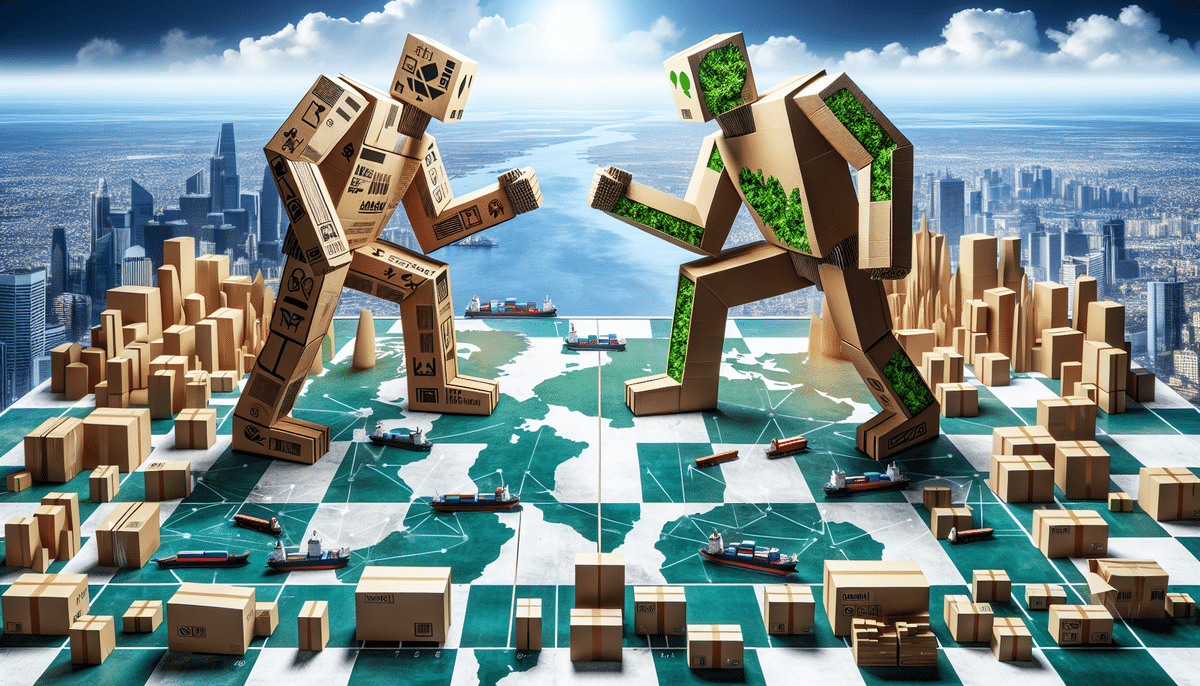 Cardboard robots and boxes depicting global trade stand on a map-like board. One robot, reminiscent of WestRock innovations, is covered in various brand logos, while the other with green foliage suggests sustainability, akin to Smurfit Kappa. Cityscapes and ships symbolize commerce beyond mere comparison.