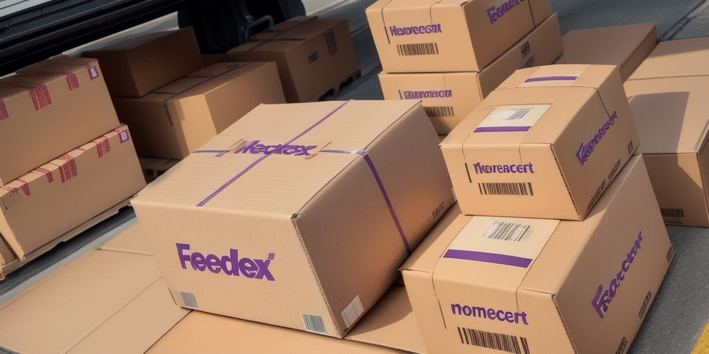 A variety of cardboard boxes with different brand names and logos, including Feedex and Neetercert, are stacked on the ground beside a delivery truck. Sealed with purple tape, these boxes are ready for closing using the FedEx Ship Manager, ensuring a seamless shipment process.