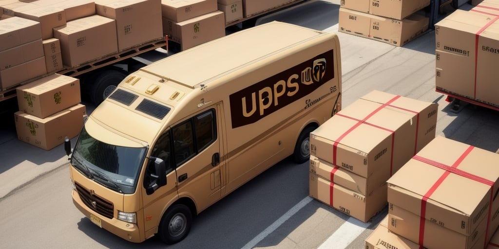 A delivery van with the logo Upps navigates a bustling warehouse area, surrounded by large cardboard boxes basking in the sun. Its a scene familiar to those who rely on UPS Shipping for swift and reliable service.