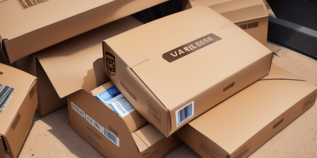 Amidst the sandy surface lies a pile of cardboard boxes, some adorned with barcodes and text. One prominent box marked VARLSSSB hints at packaging or shipping duties, reminiscent of tasks like crafting a UPS WorldShip label for seamless delivery.