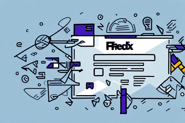 Illustration of a stylized document featuring the word FedEx and icons from FedEx Ship Manager, surrounded by abstract geometric shapes. Elements like arrows and envelopes emphasize delivery and communication. The light blue background adds a touch of modernity, symbolizing how to change account essentials seamlessly.