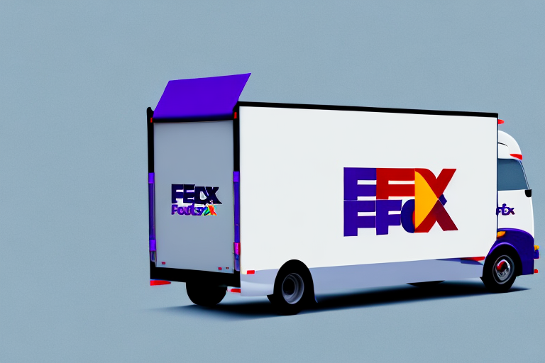 A delivery truck with a white body and purple accents is shown from the rear three-quarter view. It features a large, colorful logo on its side and rear doors against a plain blue-gray background, highlighting FedEx volume discounts for those who value efficiency and savings.