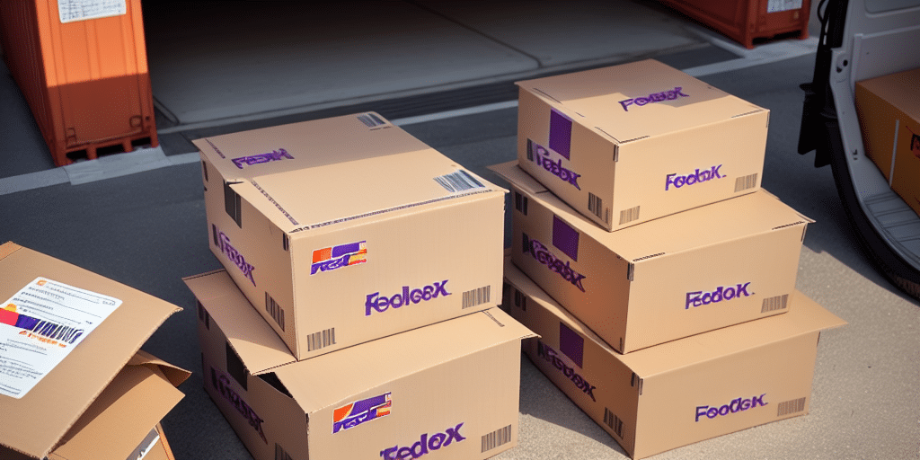 A stack of FedEx boxes sits on the ground outside a building, some adorned with shipping labels. To the right, a delivery van hints at ongoing logistics. In the background, orange containers align methodically, all managed efficiently through FedEx Ship Manager to prevent deleting shipments accidentally.