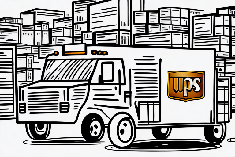 Illustration of a delivery truck with a UPS logo parked in front of stacked boxes. The scene, styled in black and white sketches, hints at the efficient handling of UPS Worldwide Express Freight shipments.