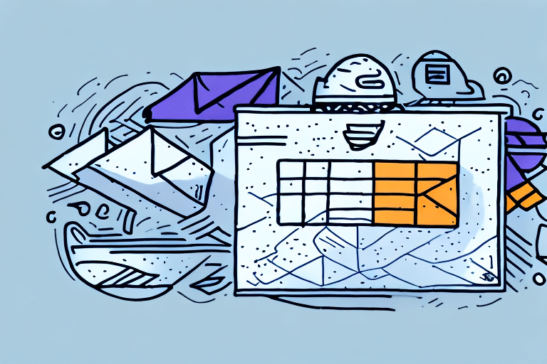 An illustration of an organized workspace features a computer screen displaying a spreadsheet with charts. Surrounding it are icons of mail envelopes, a document, and a storage device, symbolizing data management and communication. Explore export tracking numbers for seamless operations using FedEx Ship Manager.