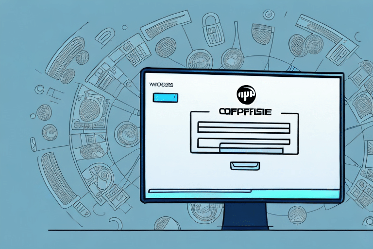 A computer screen displays an abstract design with line drawings of locks and security icons, symbolizing cybersecurity. Next to a login interface with a username and password field, a step-by-step guide on using UPS Worldship for enhanced digital protection is featured.