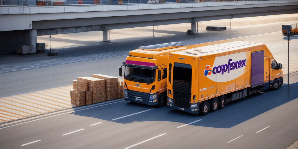 Two large orange delivery trucks with Coplexex branding are parked side by side in a warehouse area. One truck, equipped with a trailer, stands amidst stacks of brown boxes. With logistics reminiscent of FedEx Ship Manager, these trucks efficiently manage their cargo on the paved surface.