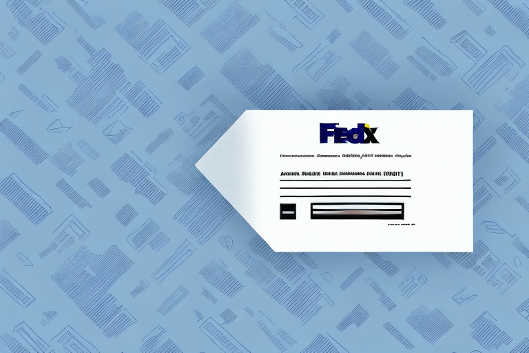 A FedEx shipping envelope with a barcode is placed on a blue background patterned with mail icons, ready for use in the FedEx Ship Manager to easily change the return address if needed.