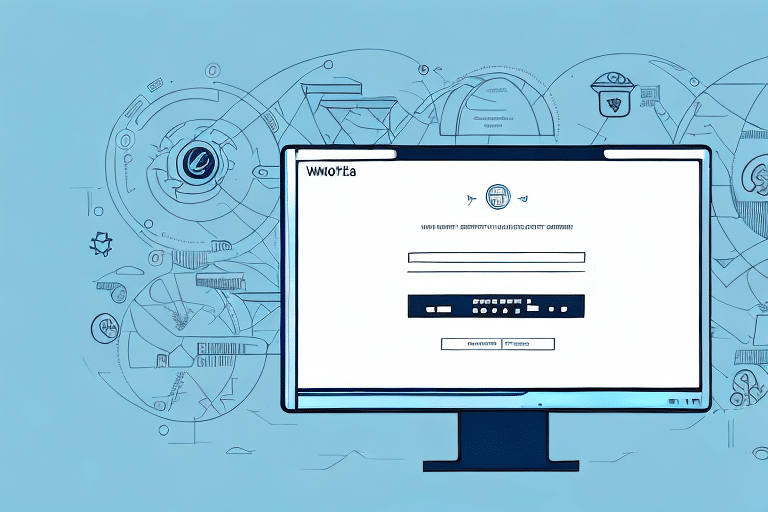 A digital illustration of a computer monitor displaying a login screen, seamlessly integrated with UPS WorldShip icons. The background is filled with abstract, interconnected symbols representing online security and technology concepts, highlighted by a blue and white color scheme.