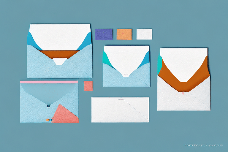 A collection of colorful envelopes and squares, perfect for crafting effective customer retention letters, is neatly arranged on a blue background. These envelopes boast various designs in vibrant hues like blue, orange, turquoise, and pink.