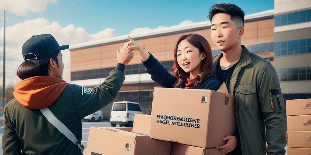 Three people stand outdoors with boxes, demonstrating operational excellence. A woman points while holding boxes, a man beside her. A third person faces them, gesturing strategically. A building looms in the background under a partly cloudy sky.