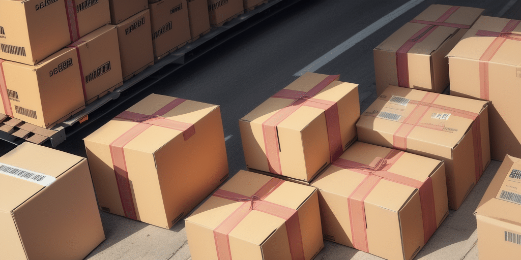 Stacks of cardboard boxes secured with red tape are arranged on and around a loading dock. A transport truck with more boxes is partially visible, highlighting the bustling ecommerce operations and an ongoing commitment to continuous improvement in the shipping process.