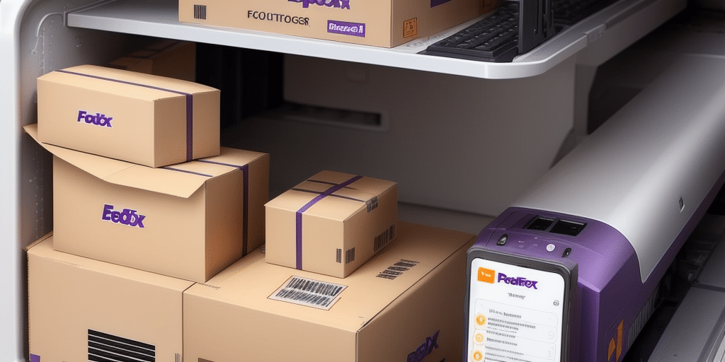 A collection of FedEx packages in various sizes is stacked inside a storage locker with shelves. The packages are organized neatly and branded with the FedEx logo, reminiscent of a well-arranged step-by-step guide. A cylindrical FedEx device is visible on the right.